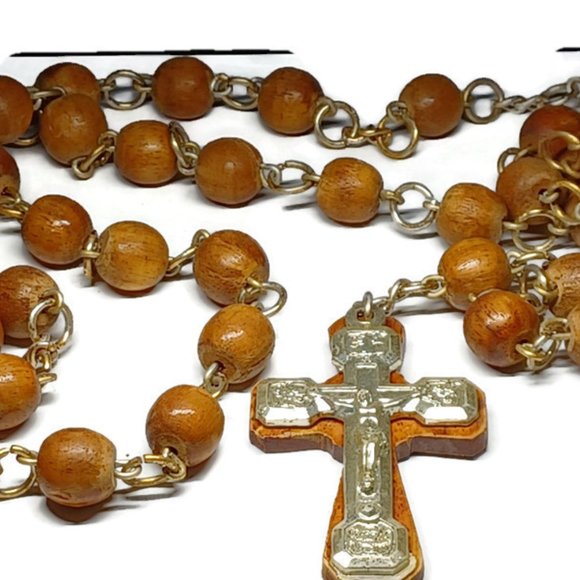 Vtg 80s LARGE Wooden Bead Rosary With Heart Centerpiece